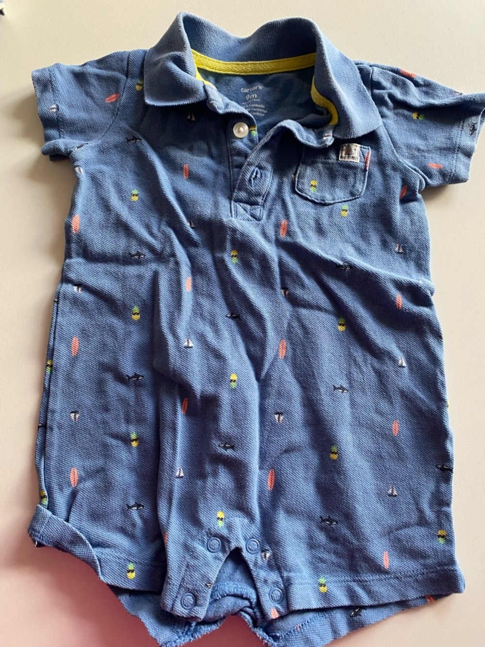Carter's Blue Polo Romper with Surfboard and Buoy Motif